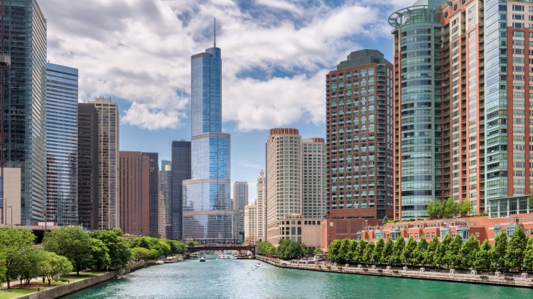 Chicago Downtown and Chicago river at summertime, Illinois, USA