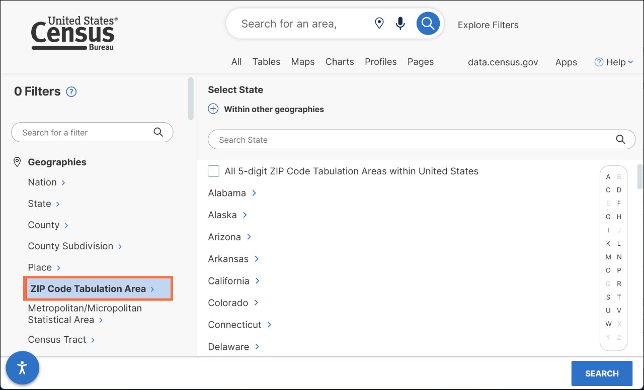 How can I find data for ZIP Codes on data.census.gov? Image