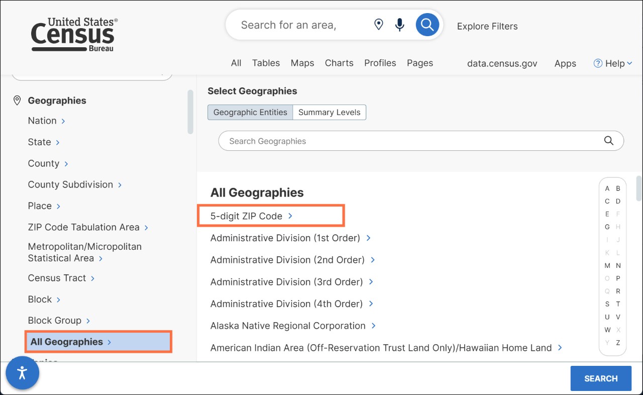 How can I find data for ZIP Codes on data.census.gov? Image