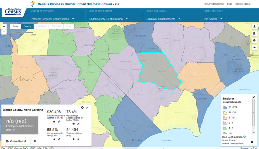 Census Business Builder: Number of Employer Beauty Salons in North Carolina Counties: 2015