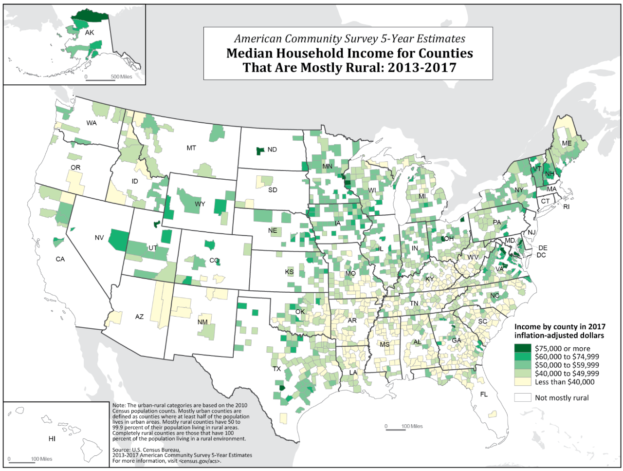 Median Household Income for Counties That Are Mostly Rural: 2013-2017