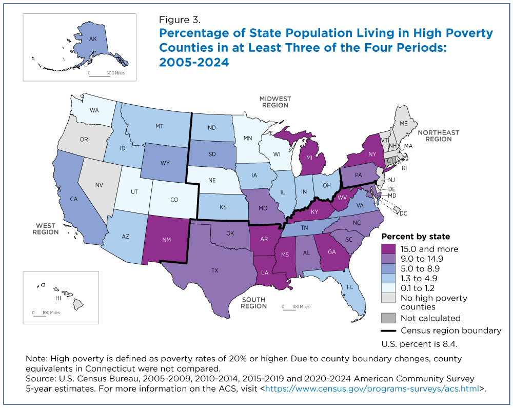Figure 3. Percentage of State Population Living in High Poverty Counties in at Least Three of the Four Periods: 2005-2024