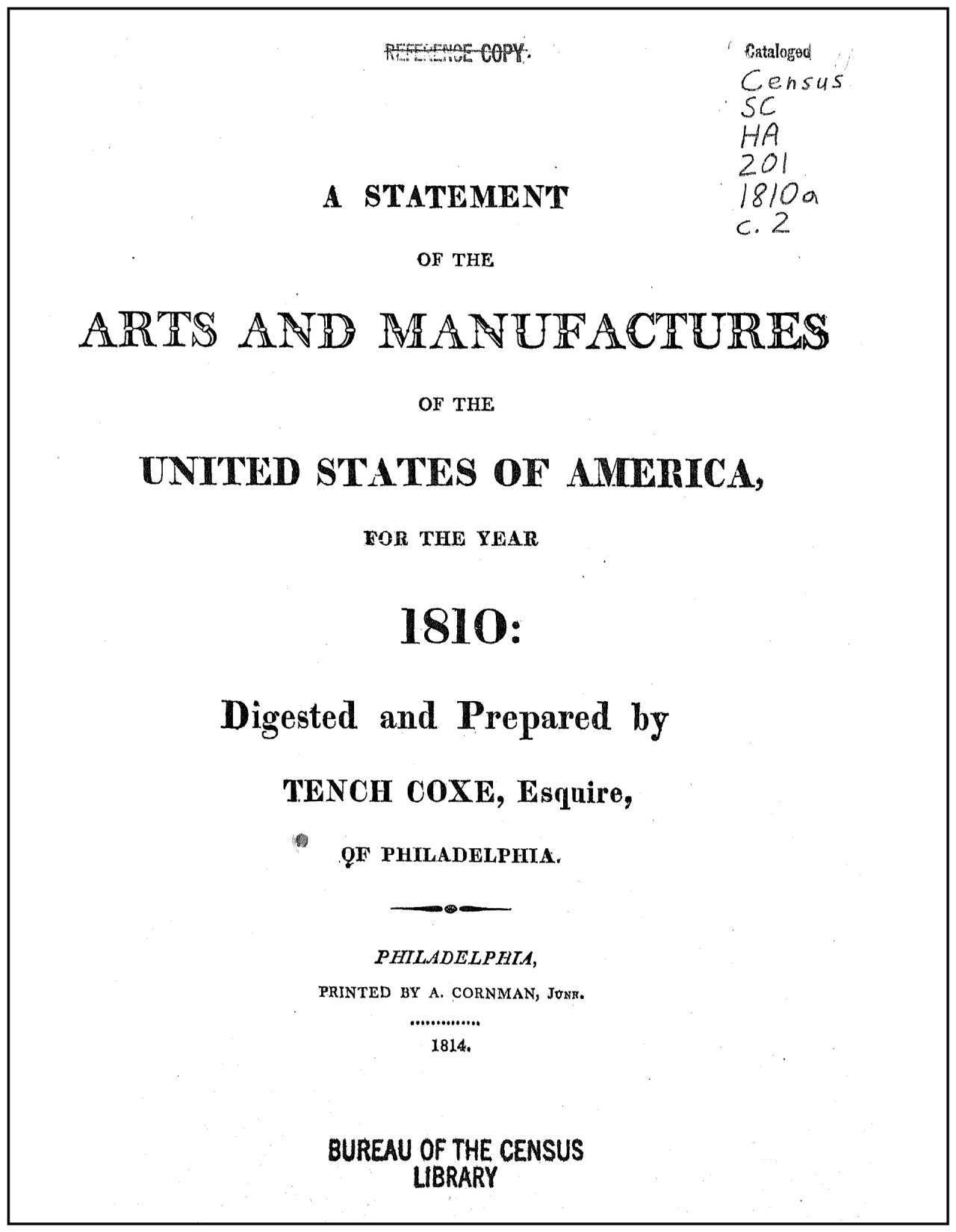 Title Page: A Statement of the Arts and Manufactures of the United Stated of America for the Year 1810