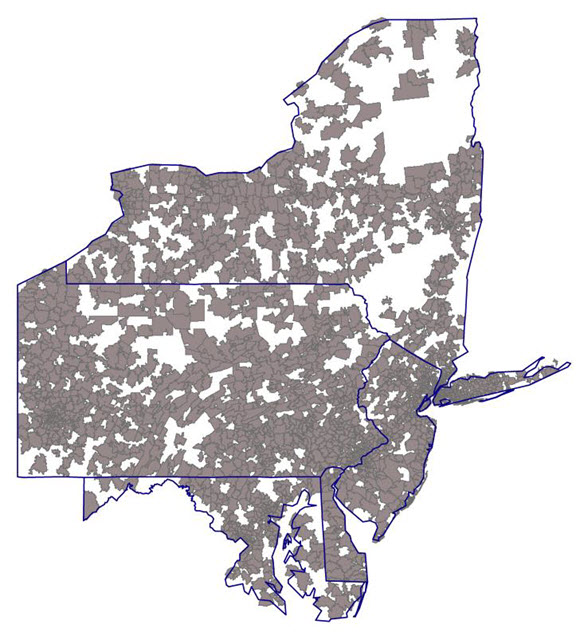 Map showing the ZIP codes used in the analysis