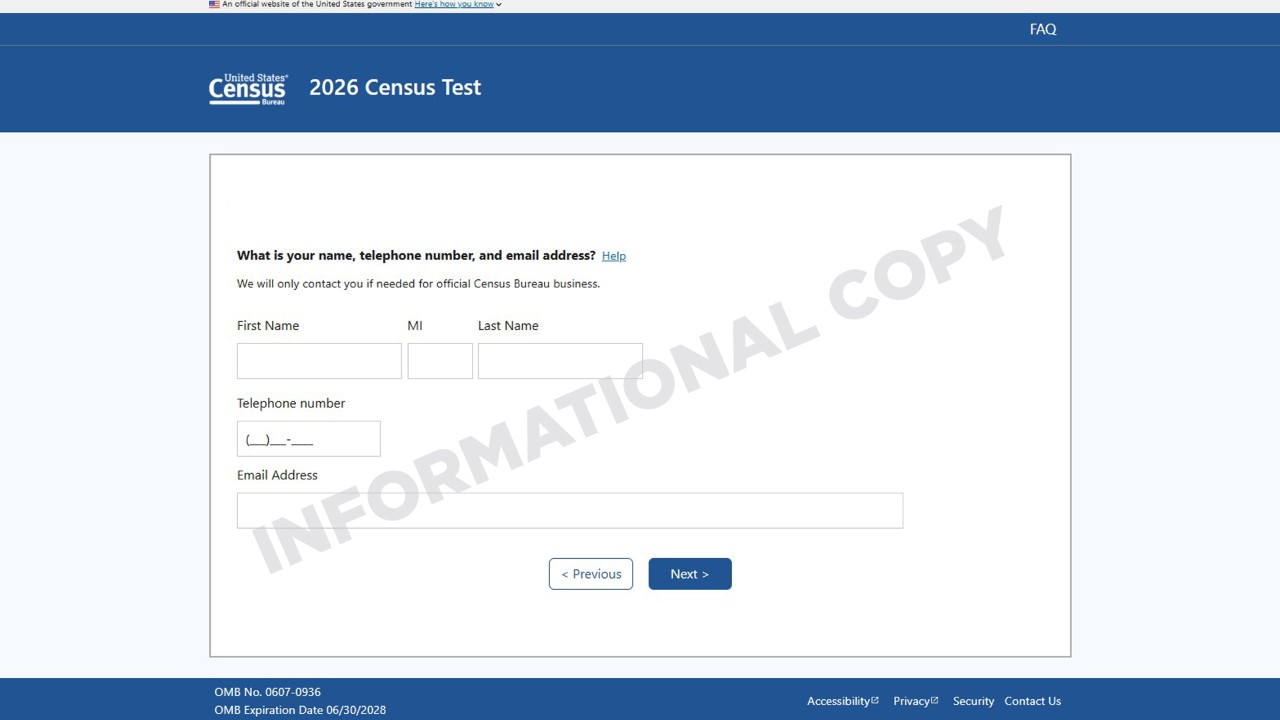 2026 Census Test ISR Screenshot: Name, Number, and Email