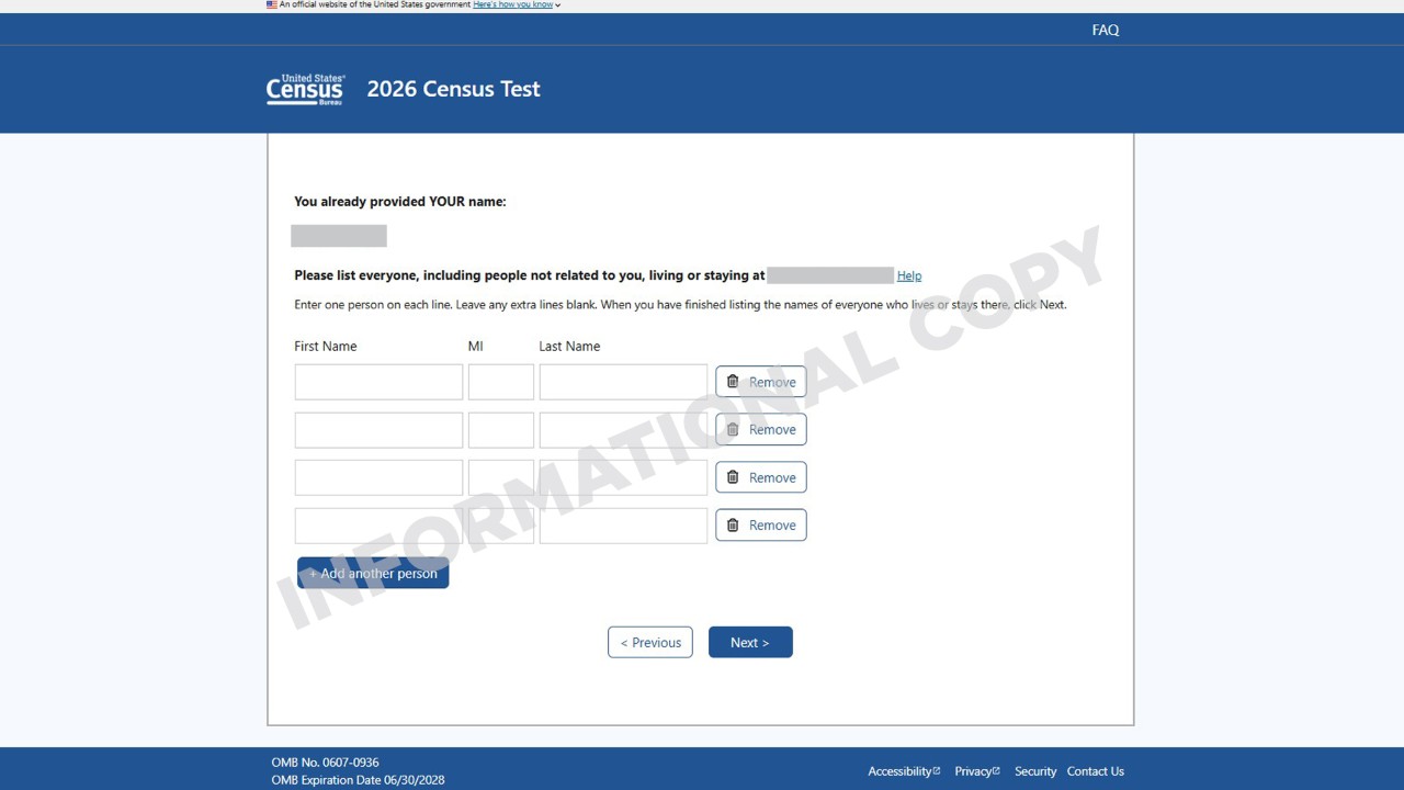 2026 Census Test ISR Screenshot: Roster of Names at Household