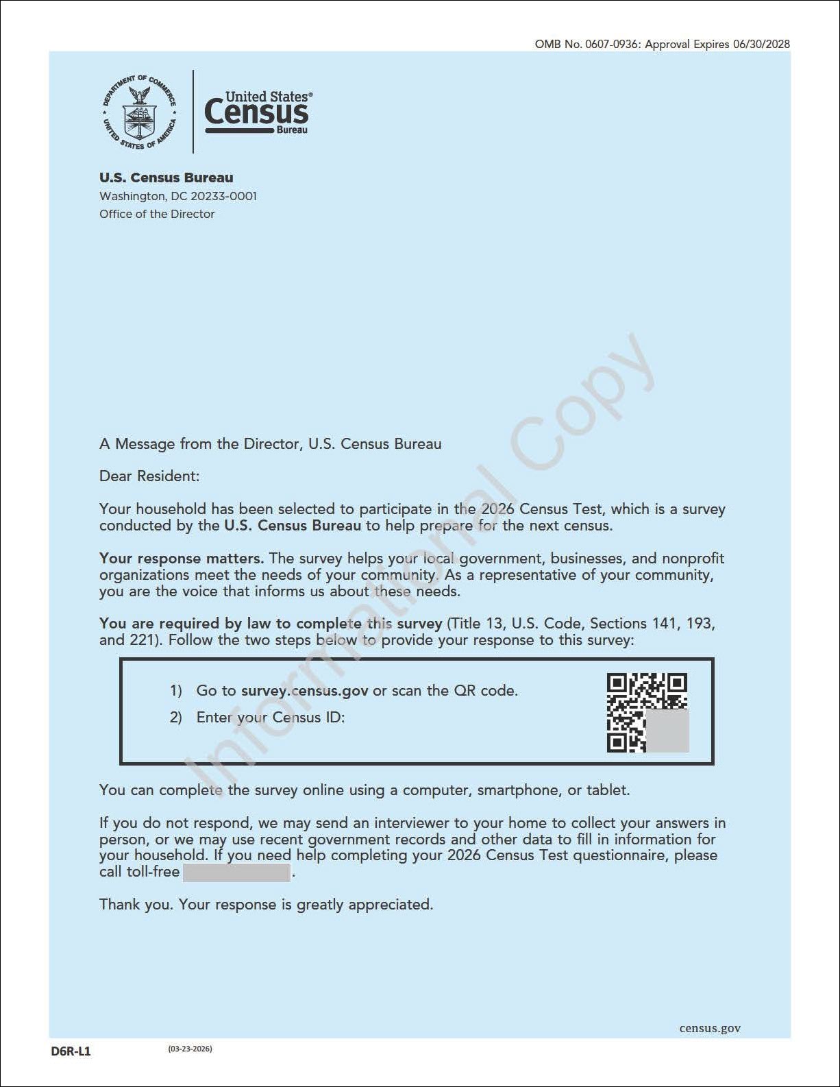 2026 Census Test - Sample Invitation Letter