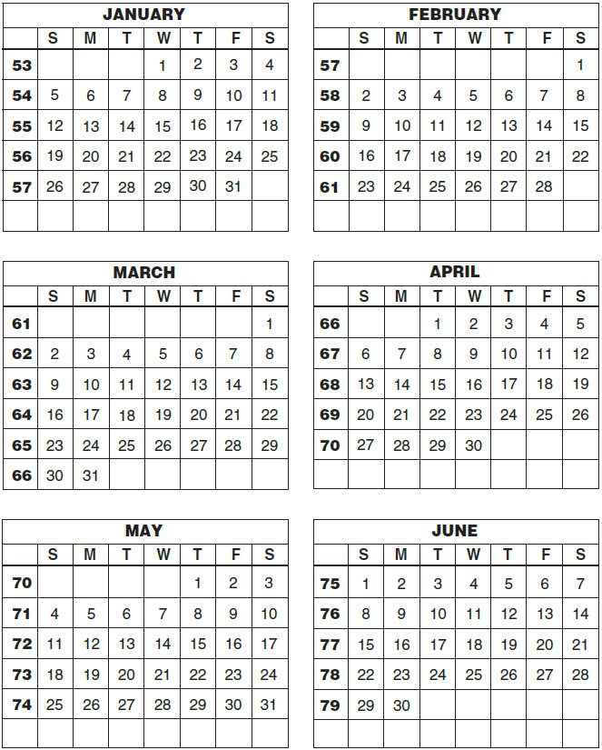 LABOR FORCE CALENDAR NUMBERED WEEKS FOR (2025)